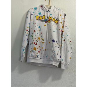 Pac-Man Bandai Namco White Paint Splatter Graphic Hoodie Mens M  Retro Arcade